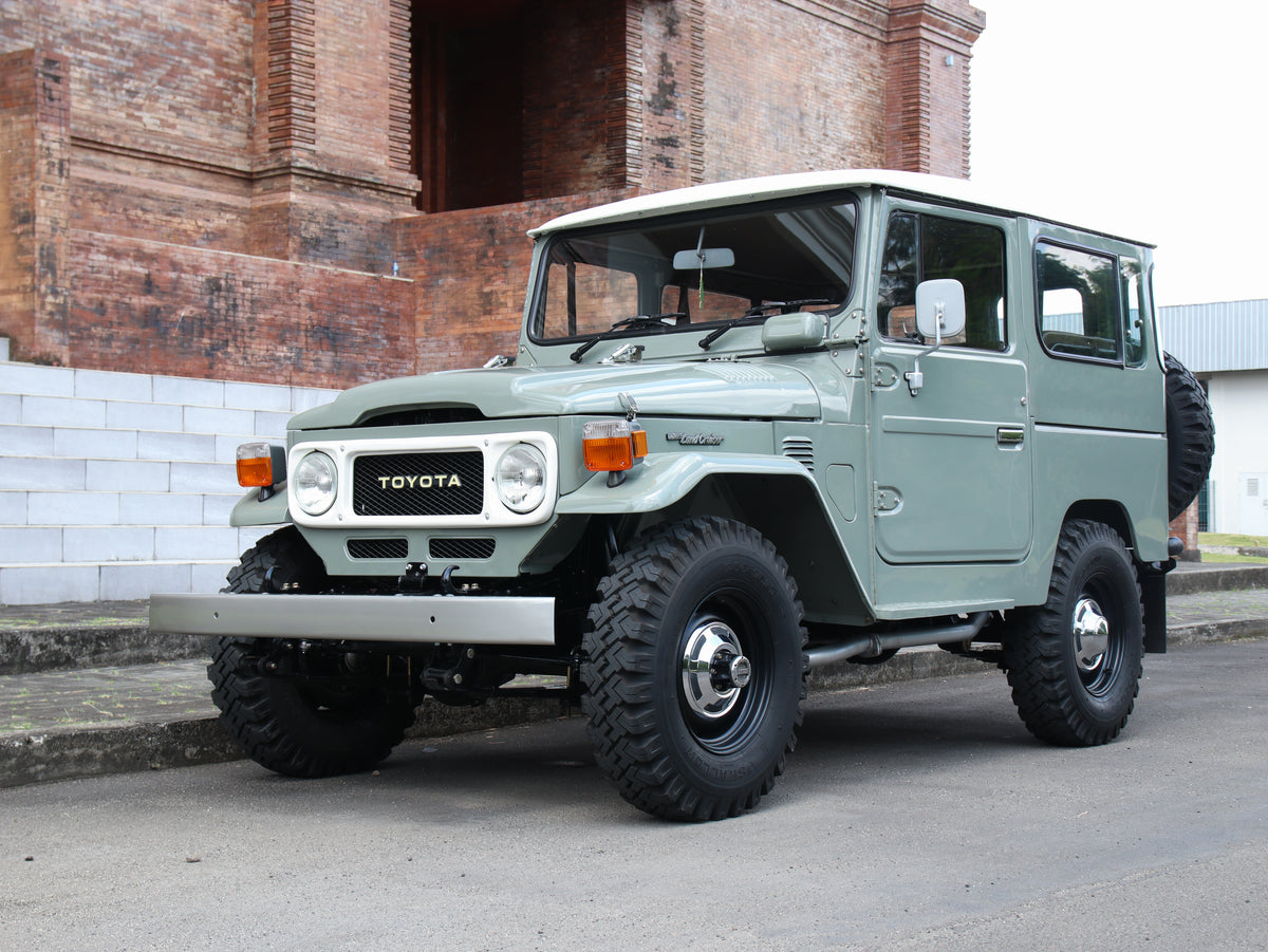 Vintage 40 Series Toyota FJ40 Land Cruiser in Grey with Classic Swallow Tyres Restored by Hogg & Swan